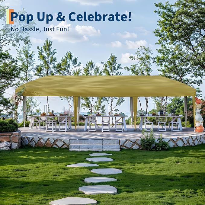 10x30 Pop Up Canopy with 8 SideWalls - Heavy Duty Outdoor Canopy Tent with Portable Roller Bag - 3 Adjustable Height, 4 Weight Bags, 8 Stakes & 6 Guy Ropes Included-Khaki