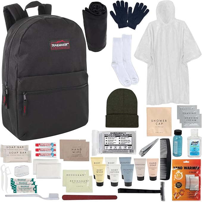 45 Piece Camping Backpack Outdoor Hygiene Kit Essentials, Individually Wrapped Personal Hygiene Kits for Homeless Men, Women (12 Kits of 45 Pieces)