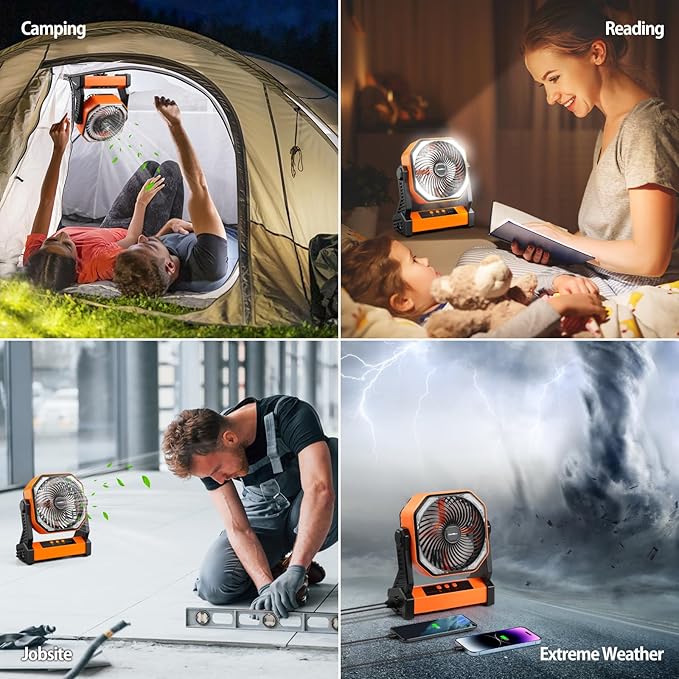 20000mAh Battery Powered Camping Fan, 58Hrs Rechargeable Portable Fan, 400LM Light, 360° Hook, Whisper Quiet Battery Operated Fan for Outdoor Car Travel Hurricane Camping Gear Essentials Power Outages