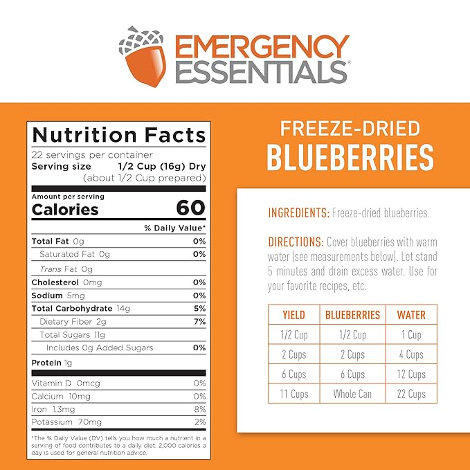 Emergency Essentials Freeze-Dried Whole Blueberries #10 Can, Freeze-Dried Blueberries, Emergency Snack Cans, Nutritious Food, 30-Year Shelf Life Food
