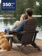 KINGYES Folding Adirondack Chair Set of 2, Dual Cup Holders & All-Weather HDPE, Wood-Like Patio Chair for Backyard, Camping, Pool & Fire Pit, Coffee