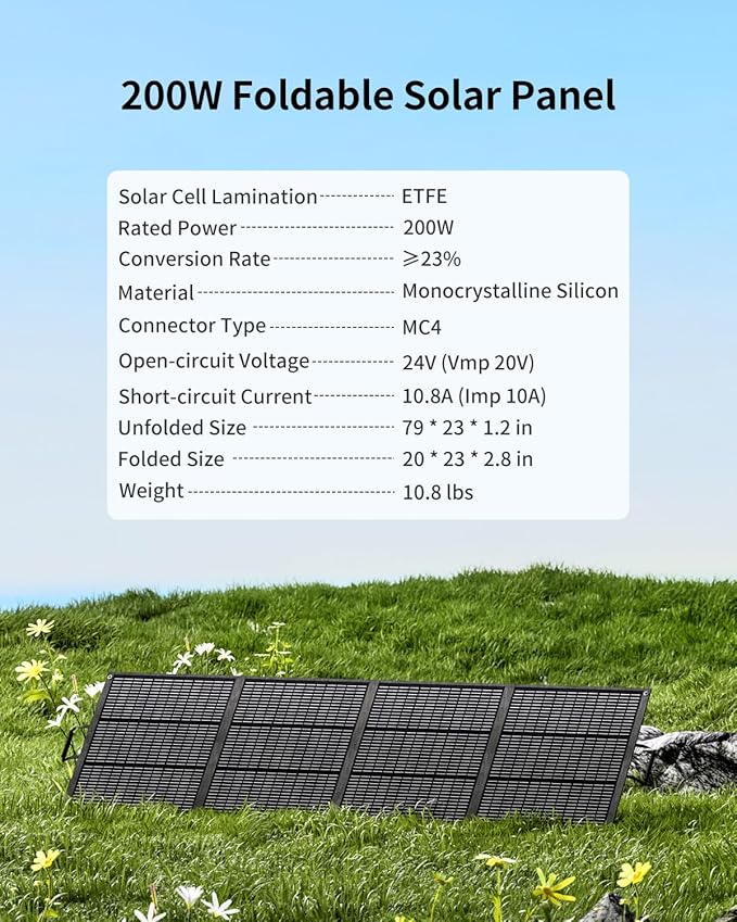 200W Portable Solar Panel with Kickstand, Foldable & Durable, 23.5% High Efficiency, Waterproof IP68 for Power Station Off Grid Outdoor Adventures Camping RV Road Trip Home (200W Solar Pannel)