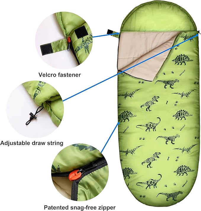 Kids Glow-in-The-Dark Dinosaur Sleeping Bag for Boys Camping Hiking - Machine Washable, Durable, Waterproof, Lightweight - Slumber Bag & Backpack 2 Pc Gift Set - Age 3-10 | 58" L X 27" W