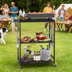 Grill Cart for Outside, 3-Tier BBQ Food Prep Rolling Table Cart, with 23.62" Lx 15.75" W Stainless Steel Tabletop, Outdoor Pizza Oven Table Ideal for Patio Backyard Kitchen Tools Room