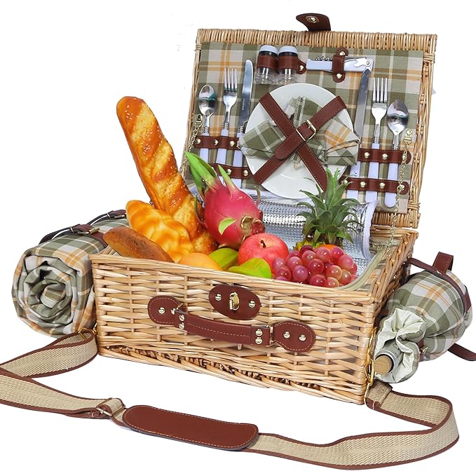 Picnic Basket for 2 with Blanket, Willow Picnic Basket Set with Shoulder Strap&Wine Pouch, Large Willow Hamper with Insulated Cooler for Outdoor, Camping, Beach, Couples, Wedding Gift
