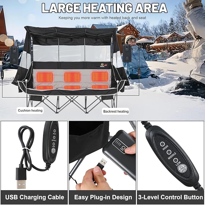 Nice C Heated 3 Person Camping Chair with Canopy, Heated Double Camping Chairs with Battery, Portable Oversized Padded Sports Umbrella Chair with Shade, Cup Holder, Cooler Bag, for Lawn Outdoors