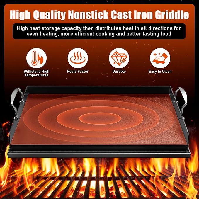 Cast Iron Griddle for Gas Grill, Stove Top Griddle, Nonstick Griddle top for Outdoor Gas & Charcoal Grills, 25" x16" Nonstick FlatTop Insert Cooking Pan for Weber Charbroil Dynaglo Grill