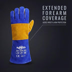 RAPICCA Welding Gloves Fire Heat Resistant: Blue 16IN 932℉ - Fireproof Leather For Stick Mig Flux-Core Welder Forge Blacksmith Fireplace Wood Stove Fire Pit Grill Oven Furnace Handling Dry Ice