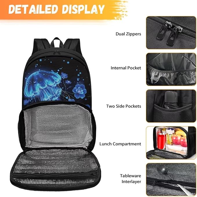 17in Laptop Backpack with Insulated Cooler Lunch Compartment, Extra Large Travel Business Work Computer Backpacks Purse College Bag, Casual Hiking Meal Backpack, Blue Jellyfish Flower