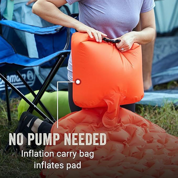 Coleman Kompact Inflatable Camp Sleeping Pad with Built-in Air Valve and Included Carry Bag, No Pump Needed, Textured Grip Bottom Keeps Pad in Place, Premium/Basic