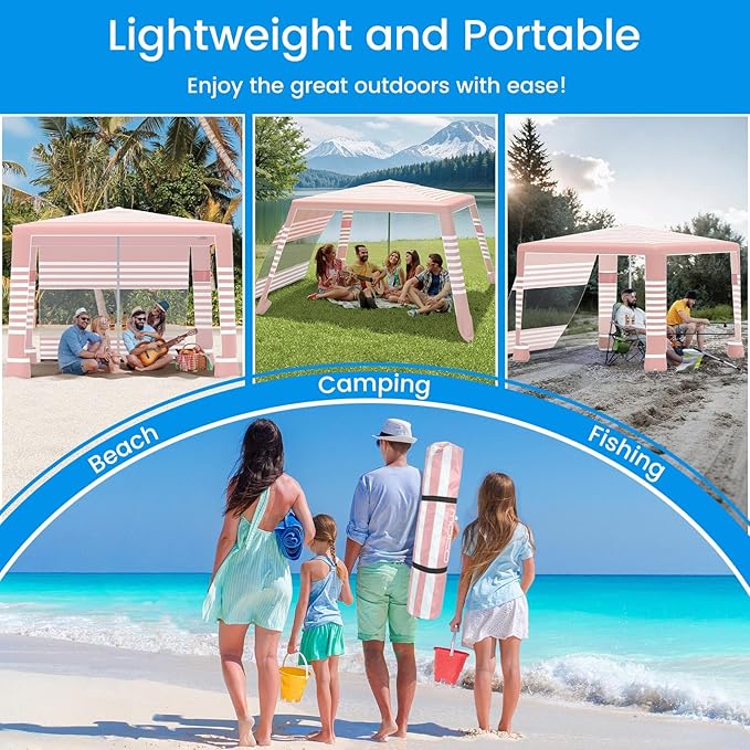 MoKo Beach Cabana, 8'×8' Large Beach Canopy with Side Wall, UPF 50+ Protection Easy Setup Beach Tent Sun Shelter, Adjustable Height Wind Resistant Cabana Beach Tent for Whole Family, Pink Stripe