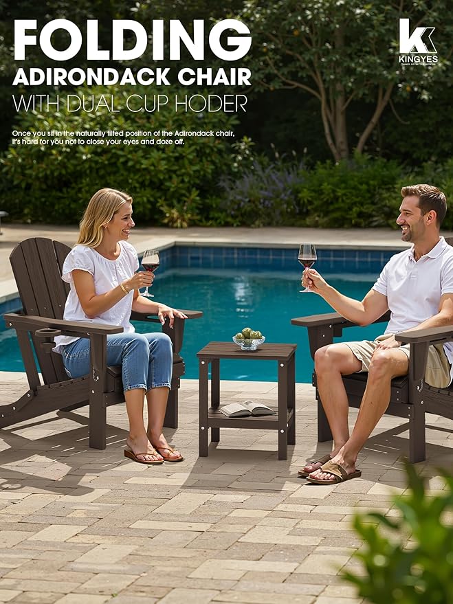 KINGYES Folding Adirondack Chair with Dual Cup Holders - HDPE All-Weather Outdoor Chairs, Wood-Like Patio Chair for Backyard, Camping, Pool & Fire Pit, Coffee