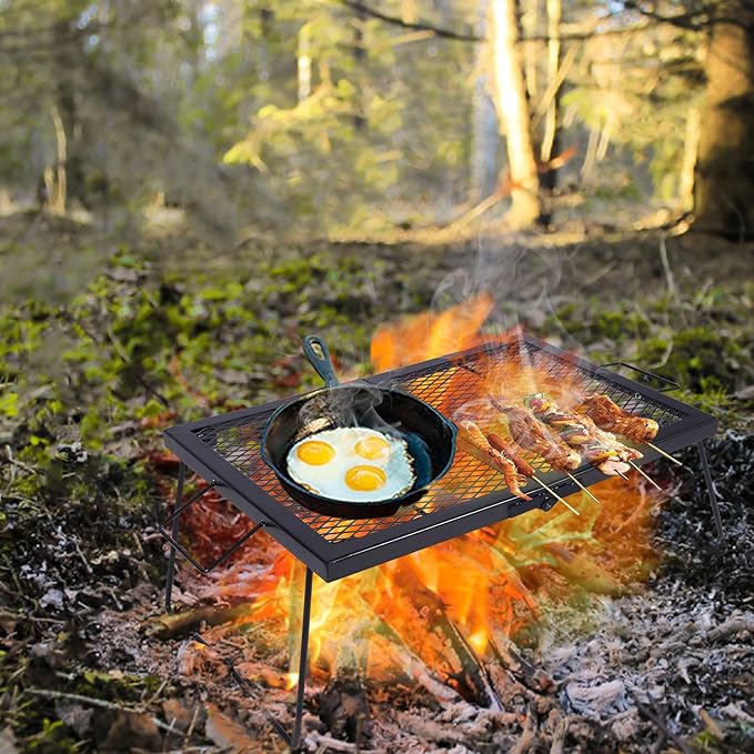 REDCAMP Folding Heavy Duty Campfire Grill Steel Grate, Portable Camp Fire Cooking Racks for Outdoor Open Flame Cooking Large 23.6 * 15.7 * 9.6"