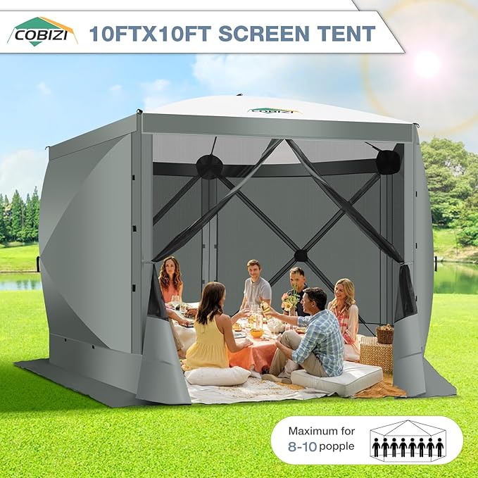 COBIZI Pop Up Gazebo Screen Tent Screen House for Camping, 10x10 Screen Room with Mosquito Netting, Hub Tent Instant Screened Canopy with Carrying Bag and Ground Stakes, Gray