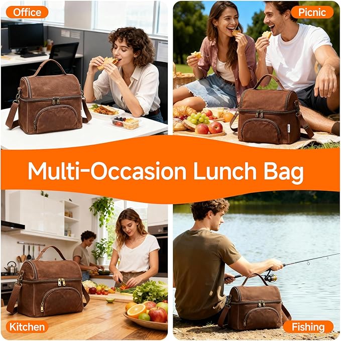 Waxed Canvas Lunch Bag for Men, Small Soft Cooler Bags Insulated with 2 Ice packs, Women Lunch Bags for Work, 10.5L 2 Compartments Leakproof Lunchbox for Work, Camping, Beach and Road Trips