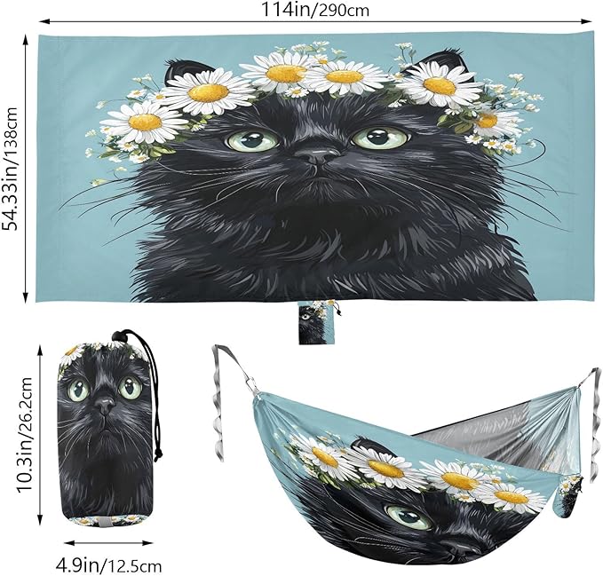Cute Cat White Daisies Camping Hammock Single Portable Hammocks 330 lbs Capacity with 2 Tree Straps and Attached Carry Bag,Perfect for Outdoor,Indoor,Beach,Camping,Travel