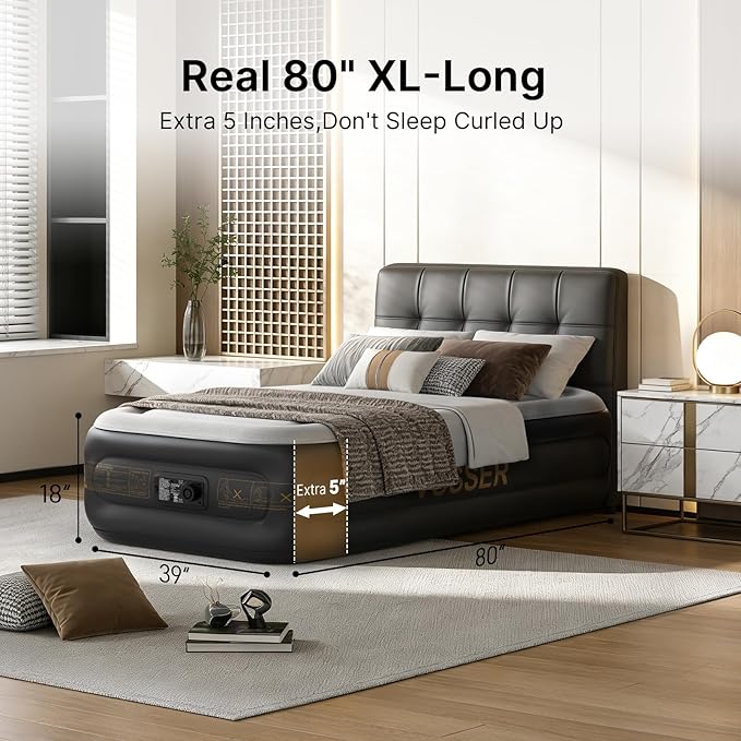 Twin Air Mattress with Built in Pump,18''Inflatable Mattress 2 Mins Self-Inflation/Deflation,XL-Long Blow up Mattress Thicker,Flocked Top Air Bed with Storage Bag for Home, Camping & Guests