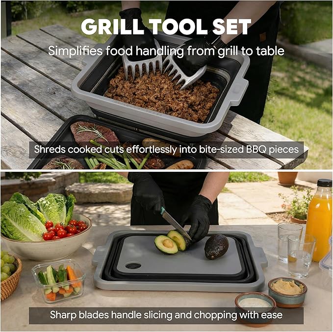 9-IN-1 Collapsible BBQ Prep Tub with Cutting Board, Portable Grill Prep Station with Side Brackets, Lids, Knives, Meat Claws and Drain Rack, Space-Saving for Kitchen, RV, Camping, Black