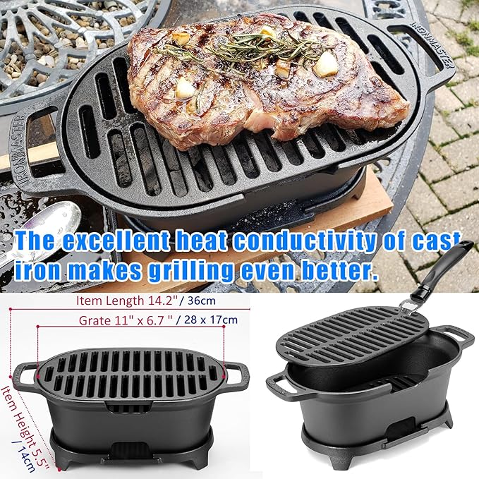 IRONMAX Mini Hibachi Grill Outdoor, Portable Small Charcoal Grill and Tabletop Cast Iron Skillet, 100% Cast Iron, Durable, Camping BBQ Grill Grate 11" x 6.7" for 2 People