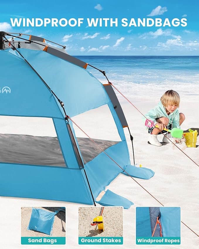 OutdoorMaster Beach Tent Sun Shelter for 3-4 Person, Pop Up Beach Tent Easy Setup with Sandbags, Portable Sun Shade Canopy with Carrying Bag for Beach & Outdoor, UPF50+ UV Protection, Family Size