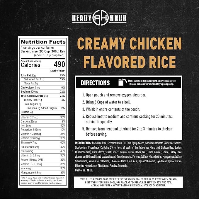 Ready Hour Creamy Chicken Flavored Rice Case Pack – Freeze-Dried Emergency Food with a Long 25-Year Shelf Life, Shelf-Stable Camping Meal and Survival Kit, – 24 Servings (6 Pouches)