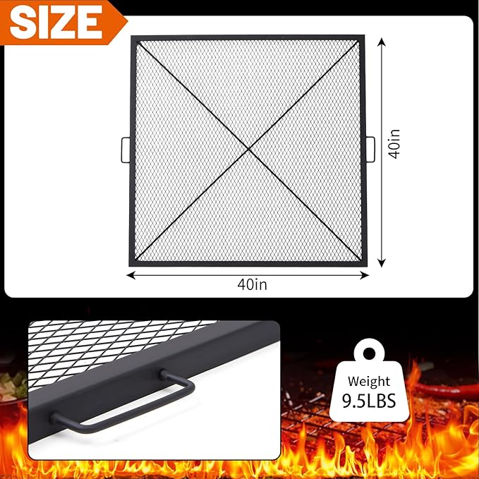 40 Inch Square Fire Pit Grill Grate with Handles, Heavy Duty Campfire Cooking Grate for Fire Pit, Steel BBQ Grill Grid for Outdoor, Camping