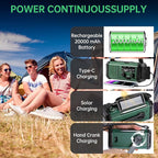 Emergency Radio Hand Crank Solar, AM/FM/NOAA Weather Radio Built-in 20000mah Battery Powered,Type-C Charger,Flashlight, Reading Light,SOS, Compact & Portable for Camping/Emergencies Green