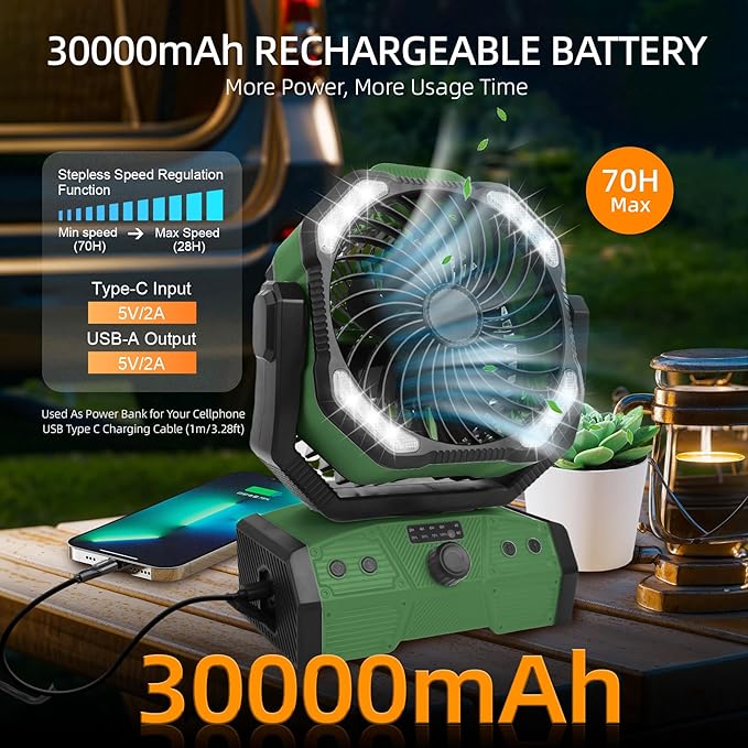 ELZO 30000mAh Camping Fan with LED Light, Max 70H Working, Cordless Portable Rechargeable Desk Tent USB Fan with Remote Hook, Head Rotation, Stepless Speed, for Home Outdoor Office Travel Fishing