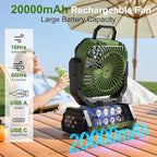 Honesorn Portable Rechargeable Fan 20000mAh, Camping Fan with LED Light & Remote, USB C Cordless Battery Powered, 4 Speeds Timer Hanging Hook for Travel Tent Outdoor Essentials - Green