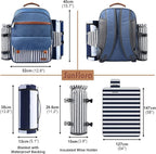 Sunflora Insulated Picnic Backpack for 2 Person Bag with Cooler Compartment, Blanket and Stainless Steel Cutlery Set for Couple, Lovers and Friends (Blue & Stripe)
