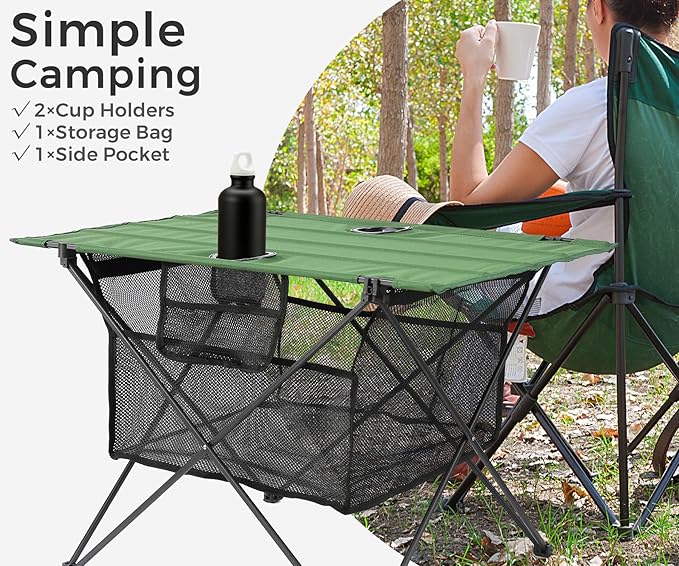 Lightweight Camping Table - Portable Folding Beach Side Table w/2 Cup Holders & Large Storage Basket, Compact Fold for Tailgate Travel Outdoor Fishing Picnic | 29.2" W x 21.7" D (Green)