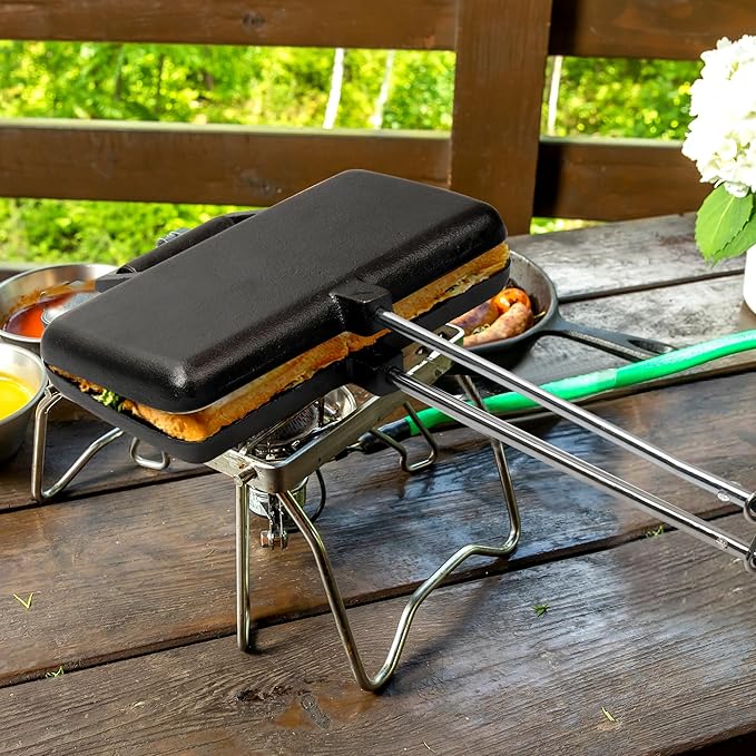 Double Pie Irons for Camping Cast Iron, Portable Mountain Campfire Pie Maker, Cast Iron Campfire Pudgy Maker, Sandwich Press for Camping