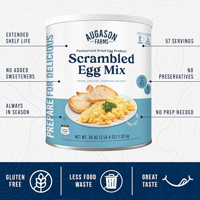 Augason Farms Pasteurized Scrambled Egg Mix Can – Emergency Food Supply, Dehydrated scrambled egg for Baking & Camping - Gluten Free Survival Food with Long Shelf Life - 57 Servings