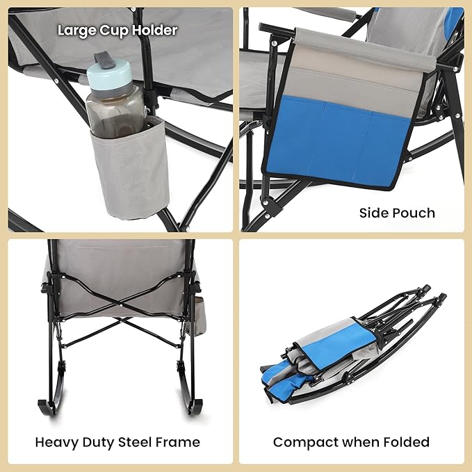 ARROWHEAD OUTDOOR 2-Pack Foldable Rocking Camp Chair with Large Cup Holder, Side Pocket, Space-Saving Folding, Enhanced Swinging Rocker for Camping, Fishing, Patio