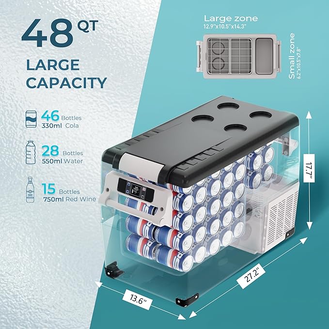EUHOMY 12 Volt Refrigerator, 48QT(45L) Electric Cooler, 12V Fridge APP Control, 12V Cooler -4℉~68℉, Portable Freezer 12/24V DC 100-240V AC for Camping, Travel, Truck, Home