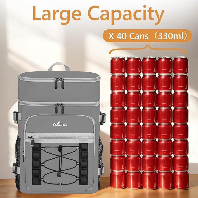 Cooler Backpack, 40 Cans Insulated Lunch Backpack Picnic Backpack for Men&Women, Durable Cooler Bag with 2 Leak Proof Compartments for Picnic, BBQ Camping, Lunch, Beach, Hiking, Gray