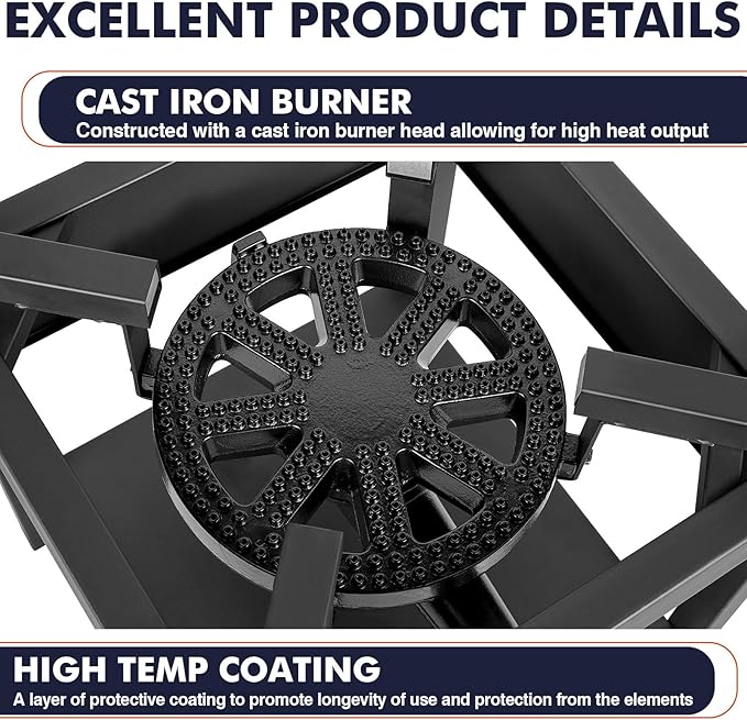 Llamaviva Single Propane Burner 260K BTU, Heavy-Duty Gas Camping Stove, Outdoor Burner with Adjustable 0-30Psi Regulator and Steel Braided Hose