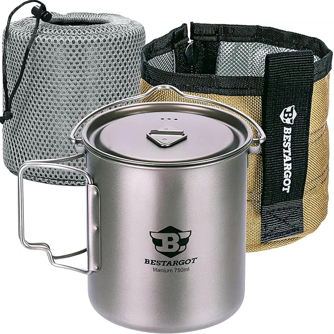 Bestargot Camping Titanium Pot, 750ml Outdoor Cup with Insulation Cup Carrier, Titanium Camping Drinkware, 132g Lightweight and Large Capacity