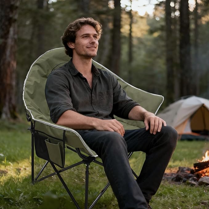 Oversized Camping Chair, Portable Folding Moon Chair with Side Pocket, Heavy Duty Outdoor Chair for Camping, Beach, Backyard, Support 400lbs(Green)