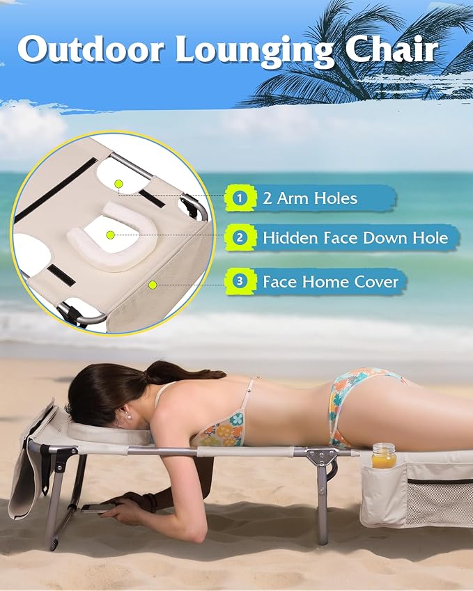WLIVE Outdoor Tanning Chair, 5-Position Folding Beach Chair with Face Hole for Adults, Portable Patio Lounge Chair for Beach, Pool,Camping, Beige
