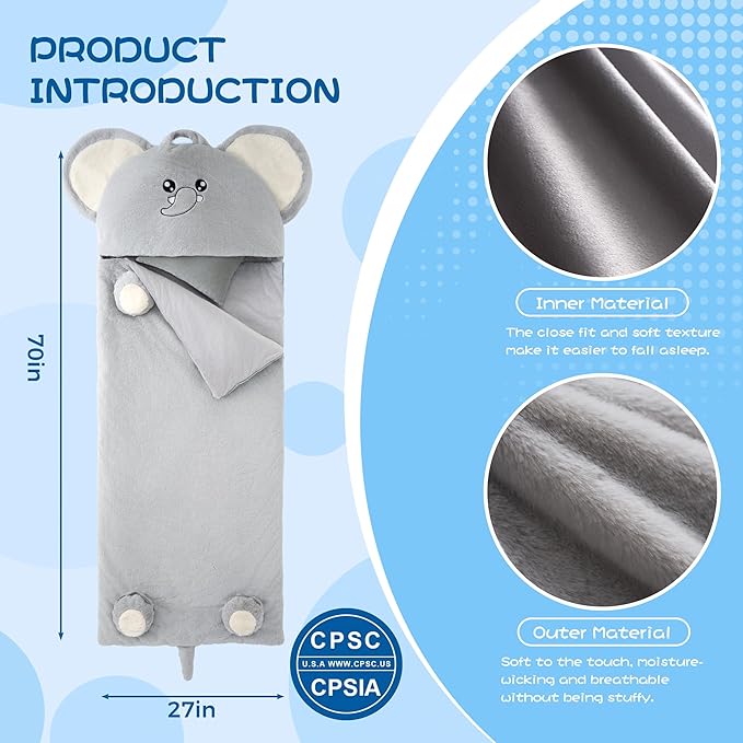 70" 4.2lbs Elephant Thickened Kids Nap Mat for Preschool, Daycare,Kindergarten,Soft Washable for Boys and Girls, 2-in-1 Stuffed Animals Sleeping Bag and Pillow, Sleep Sack for Toddlers