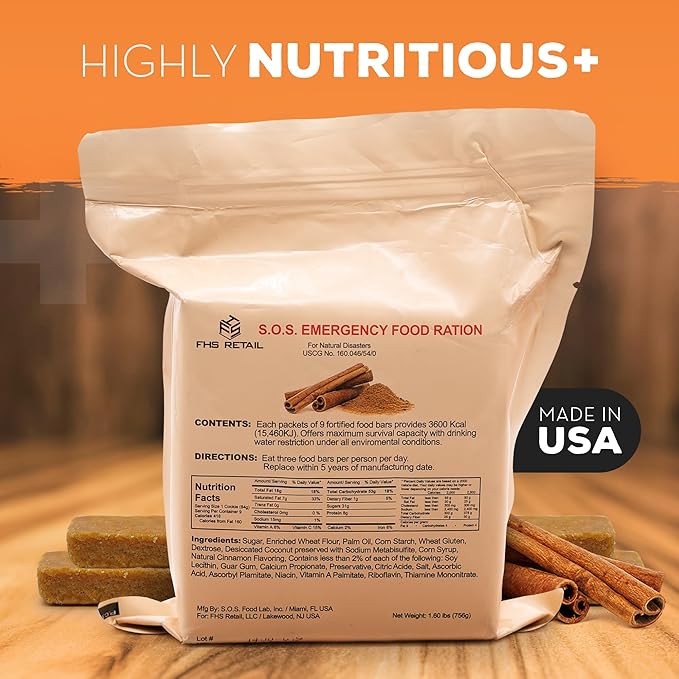 S.O.S. Rations Emergency 3600 Calorie Food Bar - 3 Day / 72 Hour Package with 5 Year Shelf Life Net wt. 1.60lbs (756g) (Cinnamon Full Case)