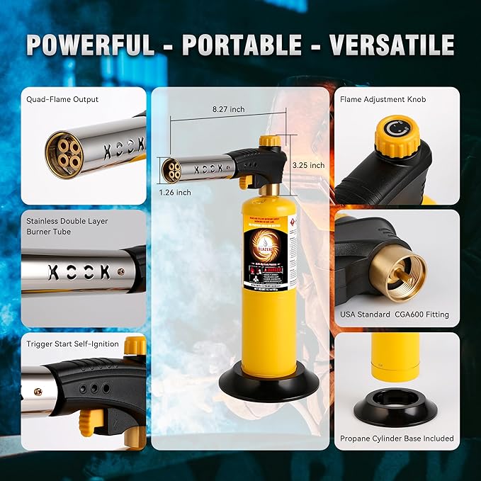 BLAZEAL Propane Torch Kit with 1x MAPP Gas,4-Flame Blow Torch Head with Propane Tank Base for MAP Gas,Work in All Angle,Trigger Start Torch Gun for Welding Brazing Soldering Grill Camping Cooking Food