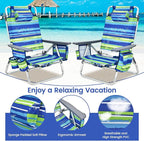Tangkula Set of 2 Backpack Beach Chair, 5-Position Lay Flat Beach Chairs with Cooler Bag, 2 Cup Holders, Towel Bar, Lightweight Folding Beach Chair with Backpack Straps