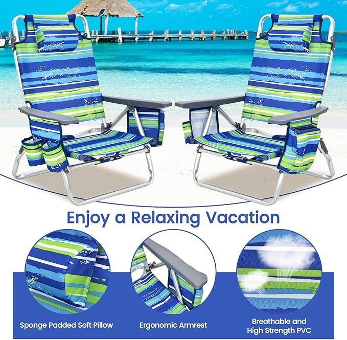 Tangkula Set of 4 Backpack Beach Chair, 5-Position Lay Flat Beach Chairs with Cooler Bag, 2 Cup Holders, Towel Bar, Lightweight Folding Beach Chair with Backpack Straps