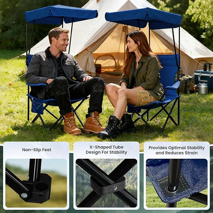 Portable Camping Chair 2 Pack with Foldable Canopy, Folding Outdoor Chair with Cup Holder & Side Pocket for Camping, Hiking, Picnic, Beach (Navy Blue)