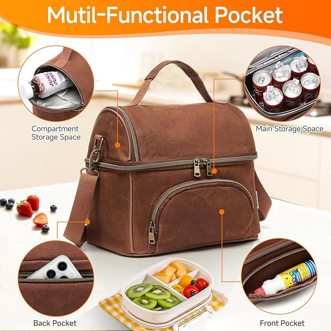 Waxed Canvas Lunch Bag for Men, Small Soft Cooler Bags Insulated with 2 Ice packs, Women Lunch Bags for Work, 10.5L 2 Compartments Leakproof Lunchbox for Work, Camping, Beach and Road Trips