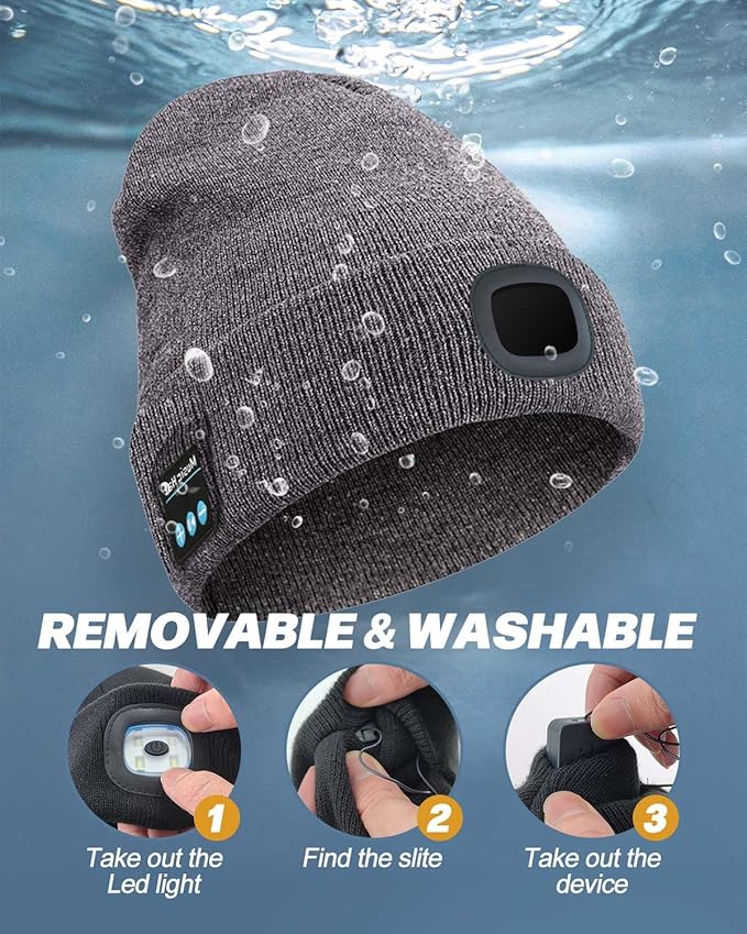Bluetooth Beanie with Light, USB Rechargeable LED Headlamp Winter Hat, Men Women Valentine's Day Gifts