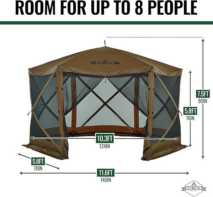 Hike Crew 12’ x 12’ Pop-Up Gazebo Screen Tent | Screened 6-Sided Instant Outdoor Canopy Shelter with Stakes, Ropes & Carry Bag for Camping, Sports & Picnic Table | UV Resistant SPF 50+