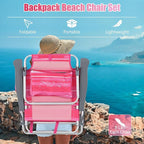 GYMAX Beach Chairs, Backpack Camping Chair with Armrest, Cooler Bag, Cup Holder, Towel Bar & Side Pockets, Sunbath Sling Tanning Lounge, Folding Layout Chair (4 Chairs Without Table, Pink Stripe)